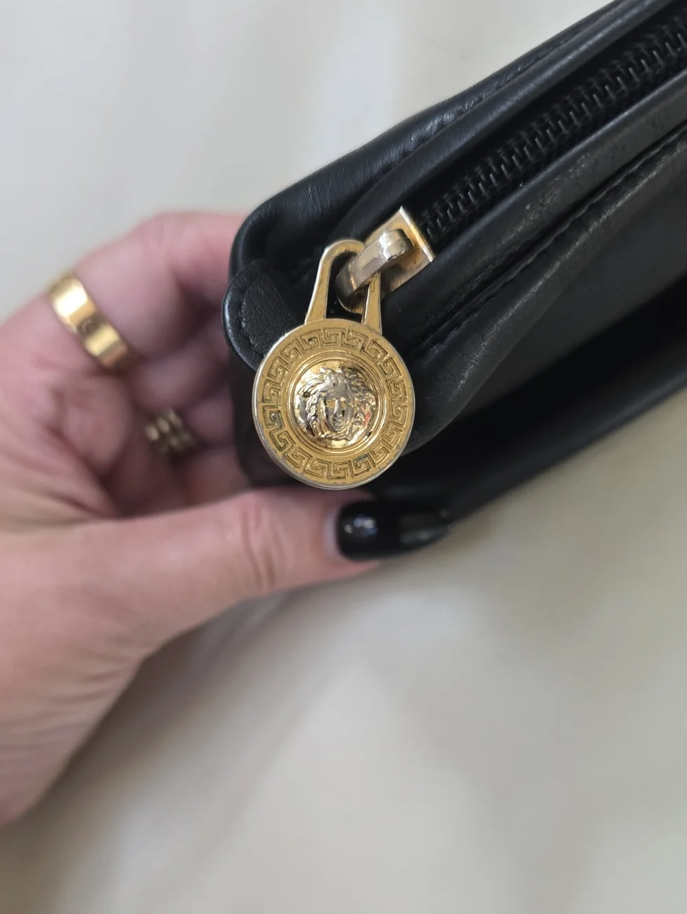Gianni Versace Black Leather Medusa Vintage Cosmetic Pouch with Gold Emblem